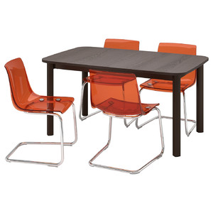 STRANDTORP / TOBIAS Table and 4 chairs, brown/brown/red chrome-plated, 150/205/260 cm