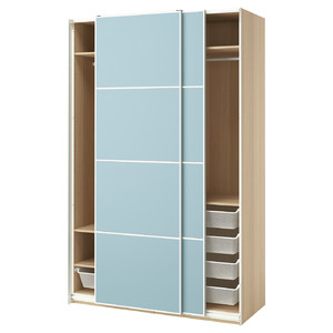 PAX / MEHAMN Wardrobe with sliding doors, white stained oak effect/double sided light blue, 150x66x236 cm