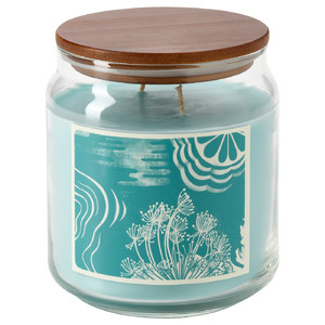 BUKETTAPEL Scented cndl in glass w lid/2 wicks, bergamot & cedarwood/pale green, 70 hr