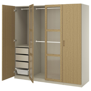 PAX / TONSTAD Wardrobe combination, grey-beige/oak veneer glass, 200x60x201 cm