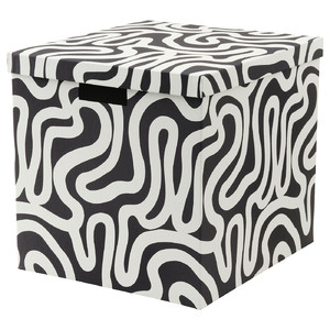 TJENA Storage box with lid, patterned/black white, 32x35x32 cm