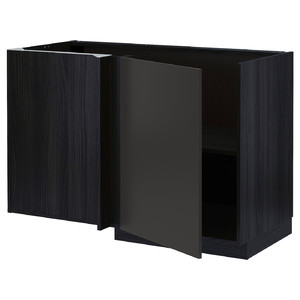 METOD Corner base cabinet with shelf, black/Nickebo matt anthracite, 128x68 cm