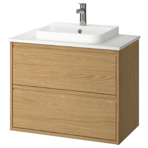 ÄNGSJÖN / BACKSJÖN Wash-stnd w drawers/wash-basin/tap, oak effect/white marble effect, 82x49x71 cm