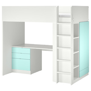 SMÅSTAD Loft bed, white pale turquoise/with desk with 2 shelves, 90x200 cm