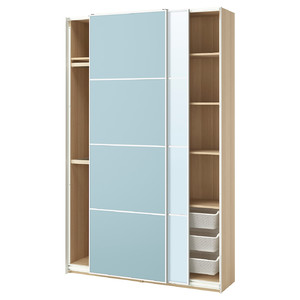 PAX / MEHAMN/AULI Wardrobe with sliding doors, white stained oak effect double sided/light blue mirror glass, 150x44x236 cm