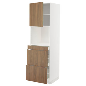 METOD / MAXIMERA Hi cab f micro combi w door/3 drwrs, white/Tistorp brown walnut effect, 60x60x200 cm