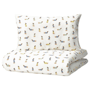 DRÖMSLOTT Duvet cover 1 pillowcase for cot, puppy pattern/multicolour, 110x125/35x55 cm