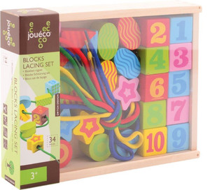 Joueco Wooden Blocks Lacing Set with Storage Box 3+