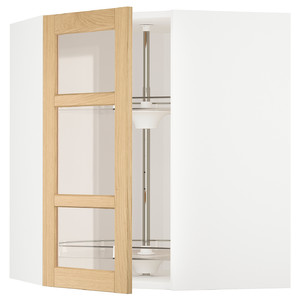 METOD Corner wall cab w carousel/glass dr, white/Forsbacka oak, 68x80 cm