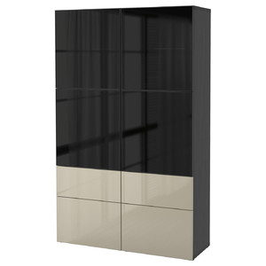 BESTÅ Storage combination w/glass doors, black-brown, Selsviken high-gloss/beige, dimmed glass, 120x40x192 cm