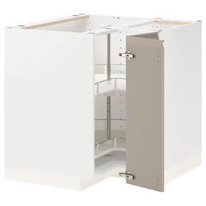 METOD Corner base cabinet with carousel, white/Upplöv matt dark beige, 88x88 cm
