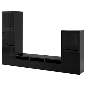 BESTÅ TV storage combination/glass doors, black-brown/Selsviken high-gloss/black clear glass, 300x42x193 cm