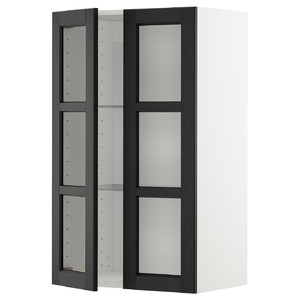METOD Wall cabinet w shelves/2 glass drs, white/Lerhyttan black stained, 60x100 cm