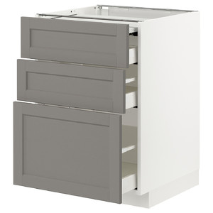 METOD / MAXIMERA Bc w pull-out work surface/3drw, white/Lerhyttan light grey, 60x60 cm