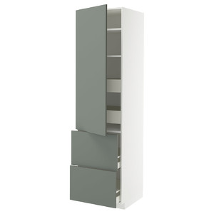 METOD / MAXIMERA Hi cab w shlvs/4 drawers/dr/2 frnts, white/Nickebo matt grey-green, 60x60x220 cm