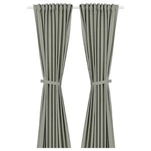 LENDA Curtains with tie-backs, 1 pair, light grey-green, 140x300 cm