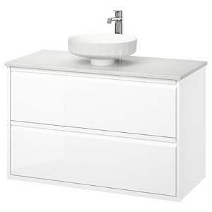 ÄNGSJÖN / LERSJÖN Wash-stnd w drawers/wash-basin/tap, high-gloss white/white marble effect, 102x49x79 cm