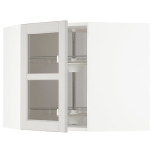 METOD Corner wall cab w carousel/glass dr, white, Lerhyttan light grey, 68x60 cm