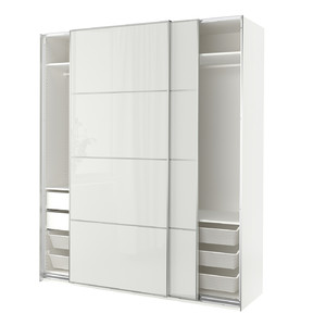 PAX / HOKKSUND Wardrobe combination, white/high-gloss light grey, 200x66x236 cm