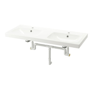 ORRSJÖN Double wash-basin with water trap, white, 122x49 cm