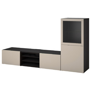 BESTÅ TV storage combination/glass doors, black-brown Sindvik/Lappviken light grey/beige, 240x42x129 cm