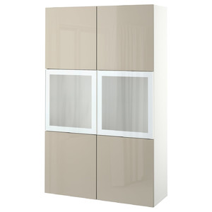 BESTÅ Storage combination w glass doors, white/Selsviken high-gloss/beige frosted glass, 120x42x193 cm