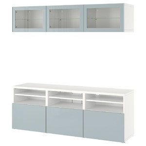 BESTÅ TV storage combination/glass doors, white Glassvik/Selsviken light grey-blue, 180x42x192 cm