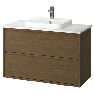 ÄNGSJÖN / BACKSJÖN Wash-stnd w drawers/wash-basin/tap, brown oak effect/white marble effect, 102x49x71 cm