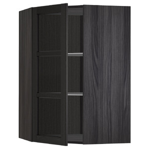 METOD Corner wall cab w shelves/glass dr, black/Lerhyttan black stained, 68x100 cm