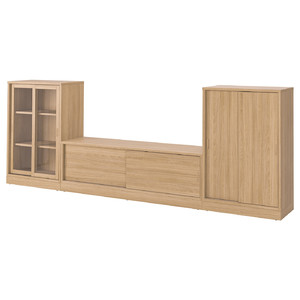 TONSTAD TV/storage comb with sliding doors, oak veneer/clear glass, 342x37x120 cm