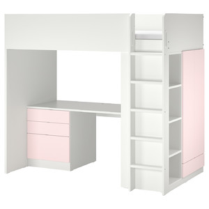 SMÅSTAD Loft bed, white pale pink/with desk with 2 shelves, 90x200 cm
