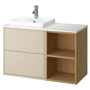 HAVBÄCK / ORRSJÖN Wash-stand/wash-basin/tap, beige/oak effect/white marble effect, 102x49x71 cm