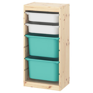 TROFAST Storage combination with boxes, light white stained pine white, turquoise, 44x30x91 cm