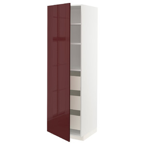 METOD / MAXIMERA High cabinet with drawers, white Kallarp/high-gloss dark red-brown, 60x60x200 cm