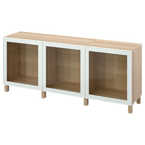 BESTÅ Storage combination with doors, white stained oak effect Glassvik/Stubbarp/white/light green clear glass, 180x42x74 cm