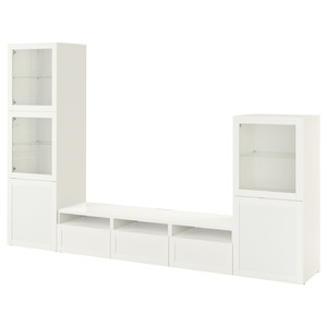 BESTÅ TV storage combination/glass doors, white/Hanviken white clear glass, 300x42x193 cm