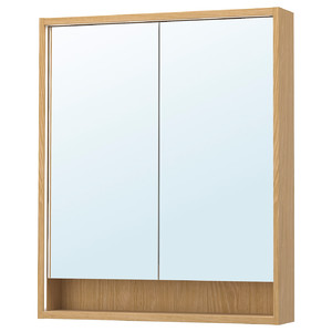 FAXÄLVEN Mirror cabinet w built-in lighting, oak effect, 80x15x95 cm