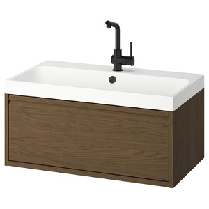 ÄNGSJÖN / BACKSJÖN Wash-stnd w drawer/wash-basin/tap, brown oak effect, 80x48x39 cm