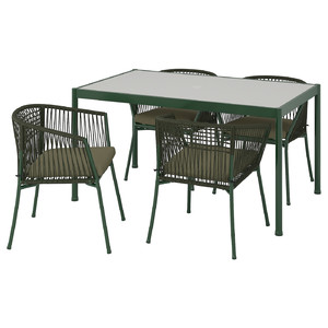 SEGERÖN Table + 4 chairs with armrests, outdoor dark green/Frösön/Duvholmen dark beige green, 147 cm