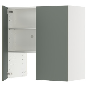 METOD Wall cb f extr hood w shlf/door, white/Nickebo matt grey-green, 80x80 cm