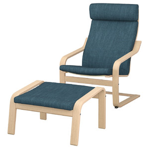 POÄNG Armchair and footstool, white stained oak veneer/Hillared dark blue