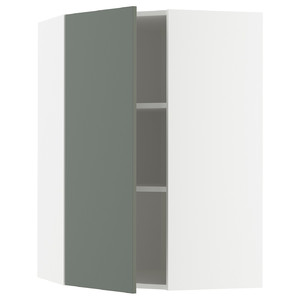 METOD Corner wall cabinet with shelves, white/Nickebo matt grey-green, 68x100 cm