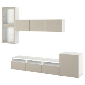 BESTÅ TV storage combination/glass doors, white Lappviken/light grey-beige clear glass, 300x42x211 cm