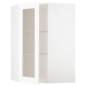 METOD Corner wall cab w shelves/glass dr, white Enköping/white wood effect, 68x100 cm