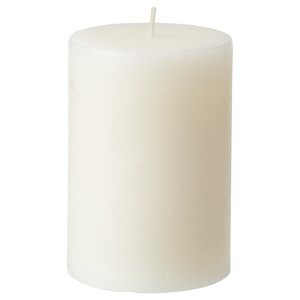 JÄMLIK Scented pillar candle, Vanilla/light beige, 30 hr