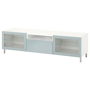 BESTÅ TV bench, white Glassvik/Selsviken/Ösarp light grey-blue, 180x42x48 cm
