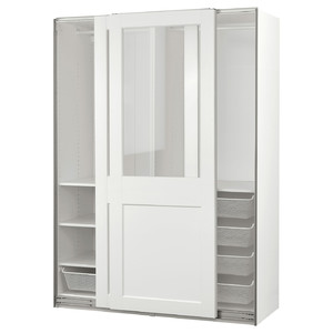 PAX / GRIMO Wardrobe with sliding doors, white/clear glass white, 150x66x201 cm