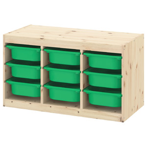 TROFAST Storage combination with boxes, light white stained pine/green, 93x44x52 cm