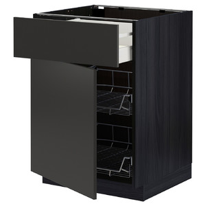 METOD / MAXIMERA Base cab w wire basket/drawer/door, black/Nickebo matt anthracite, 60x60 cm