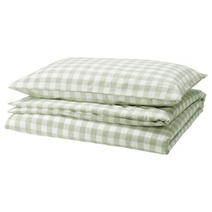 EKTANDVINGE Duvet cover and pillowcase, pale grey-green white/check, 150x200/50x60 cm